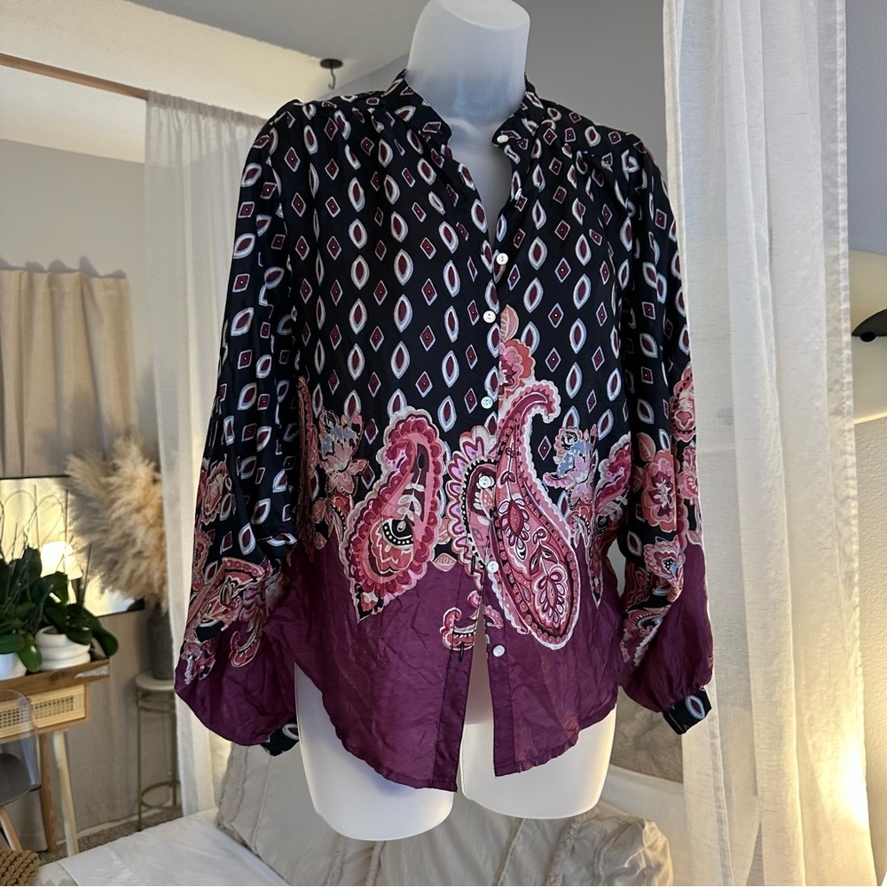 Lucky Brand 100% Silk Batwing Oversized Balloon Sleeve Paisley Burgundy Top XS - Picture 2 of 11